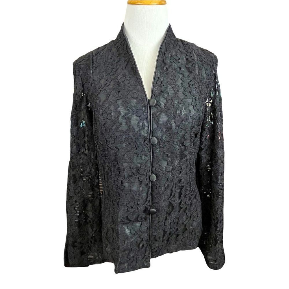 Vintage R&K Evening Black Full Lace Collarless Button Down Blazer 8
